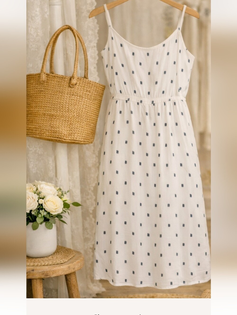 LOFT White Dress with Navy Polka Dots